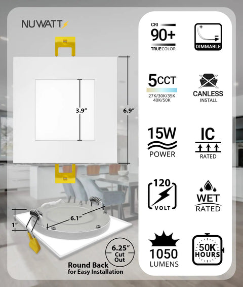 Six Inch Square Ultra Thin LED Recessed Light With Five Color Temperatures To Pick From 2700K 3000K 3500K 4000K 5000K Dimmable 1050 Lumens White Canless Slim Wafer IC Rated Metal J Box dimensions and specs infographic