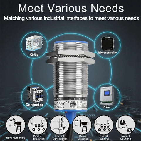 Product diagram of Shielded M30 Inductive Proximity Sensor Switch LJ30A3 10 Z AY with various industrial interfaces.