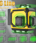 Ultra Bright Green Laser Level With 1M Tripod 4x360 Degree Lines Self Leveling 16 Line 4D Green Cross For Picture Hanging DIY Friendly Indoor Outdoor Use Battery Included, showing front view with green laser lines and cube diagrams.