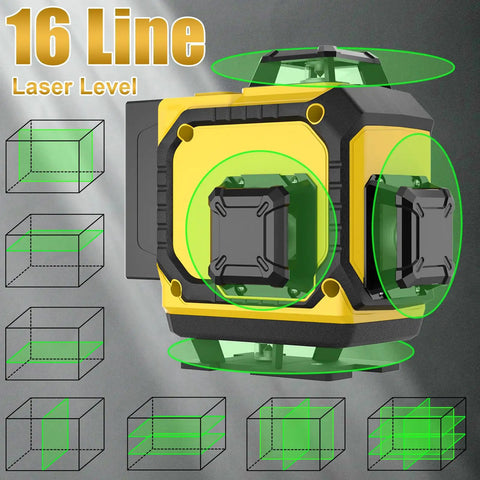 Ultra Bright Green Laser Level With 1M Tripod 4x360 Degree Lines Self Leveling 16 Line 4D Green Cross For Picture Hanging DIY Friendly Indoor Outdoor Use Battery Included, showing front view with green laser lines and cube diagrams.