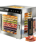 Top Shelf 800W Food Dehydrator Machine Featuring Ten Stainless Steel Trays loaded with dried fruit and jerky.