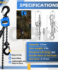 Heavy Duty Half Ton Chain Hoist Come Along With 20 Ft Lift, 1100 Lbs Capacity, G80 Chain, Ratchet Puller, Dual Hooks, Blue