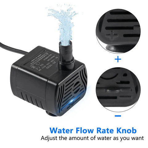 Tiny Yet Mighty Submersible Water Pump, 3W Adjustable Flow Up To 50 GPH, quiet pump with flow rate knob detail