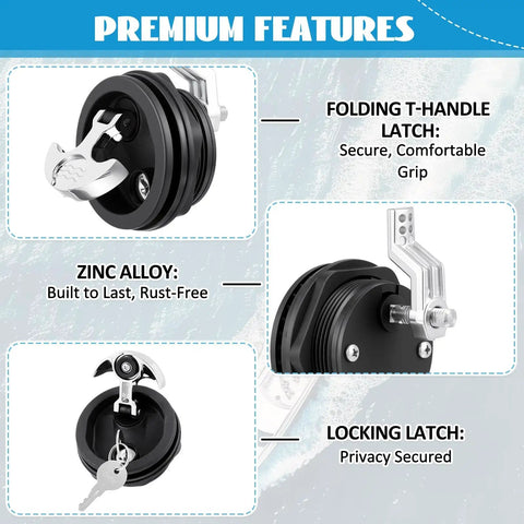 Two Pack 2-1/2 Inch T Handle Boat Latches With Key Lock and 3 Inch Nylon Hatch Latches in zinc alloy, shown with key feature highlights.