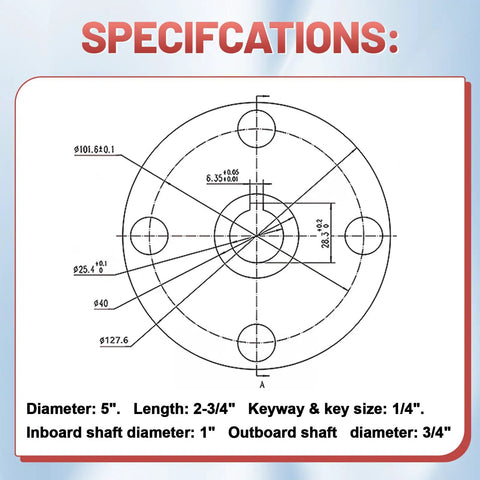 Specifications diagram for Heavy Duty Four Lug Go Kart Live Axle Hub With One Inch To Three Quarter Step Down Shafts.