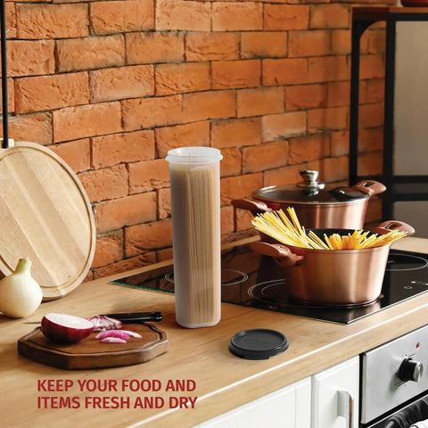 Tall Clear Spaghetti Pasta Storage Jar With Airtight Lid For Pantry Organization beside cooking items on counter
