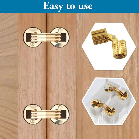 Badass Slick Brass Barrel Hinges 12 Pack 8mm Concealed 180 Degree for wood lids, showcasing installation on cabinet doors.