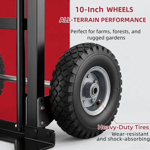 Heavy Duty Aluminum Hand Truck With 600 Pound Capacity And 10 Inch Pneumatic Tires for rugged terrain, showcasing durable 10-inch tires.