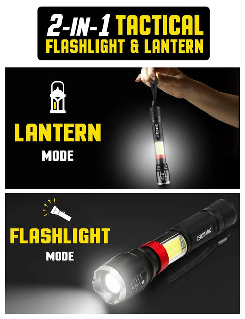 Two-in-one tactical flashlight and lantern features of Three Piece Battery Powered LED Light Set With Flashlight Headlamp And Camping Lantern For Outdoor Adventures And Emergencies High Lumens Long Battery Life Easy To Use Great For Camping Hiking Power Outages
