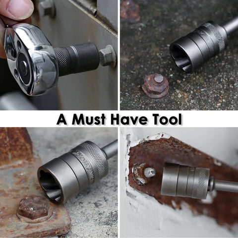 Close-up of 38 Piece Bolt Extractor Kit For Damaged Nuts And Bolts, Nut Extractor Socket Set installed on rusted fasteners.