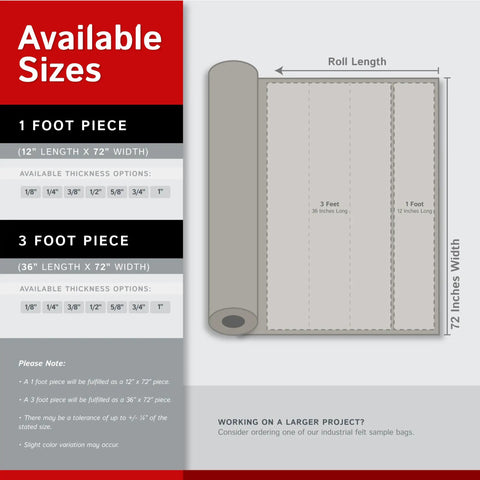 Size chart of F-7 Industrial Felt 72 Inch Wide 12 Inch Long One Eighth Inch Thick Premium Wool Blend For Automotive Construction