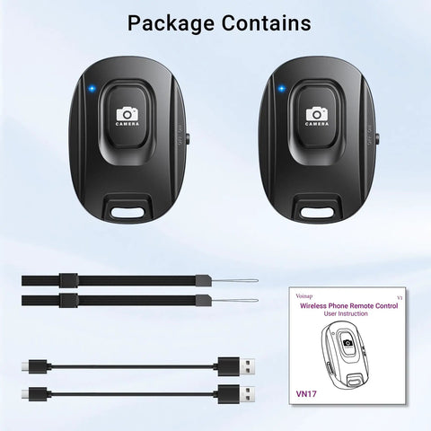 Two Pack Wireless Remote Shutter For iPhone And Android Cameras Bluetooth Photo Clicker with accessories and manual