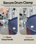 Secure drum clamp in use on 55-gallon drum, demonstrating grip and release mechanism for efficient handling.