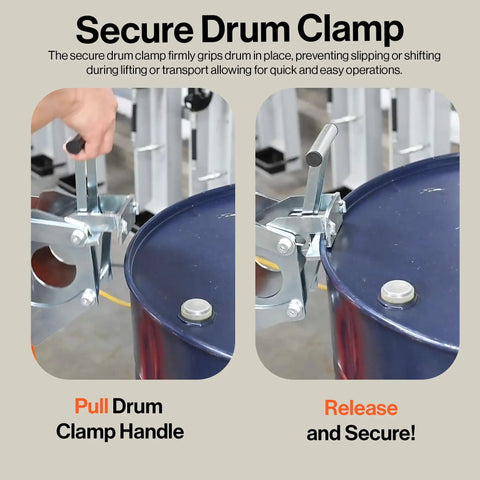 Secure drum clamp in use on 55-gallon drum, demonstrating grip and release mechanism for efficient handling.