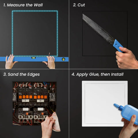 Step-by-step guide for installing Heavy Duty Galvanized Steel Access Panel for Drywall Ceilings with tools and materials.