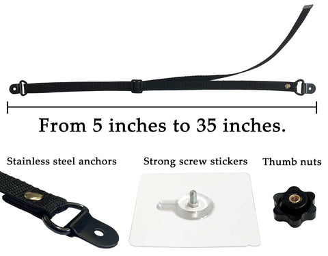 Two Pack Adjustable TV Safety Straps No Drill Adhesive Anti Tip Furniture Anchors for Baby Proofing with stainless steel anchors.