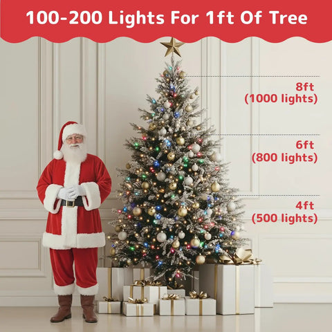 Santa beside decorated Christmas tree with Outdoor Christmas String Lights With Green Wire 100 Count 20 Ft Multicolor Incandescent