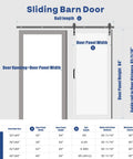 Diagram of Sliding Barn Door 30x84 Inches Black With Modern Paneled Wave Design, showing measurements and rail details.