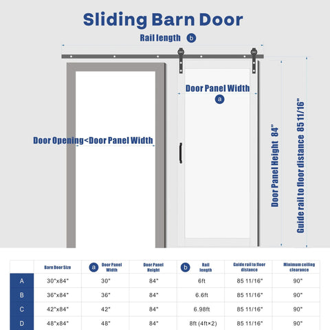 Diagram of Sliding Barn Door 30x84 Inches Black With Modern Paneled Wave Design, showing measurements and rail details.