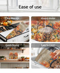 Fall Thanksgiving Dish Drying Mat Set 16 X 18 Inches with pumpkin, cow, and sunflower design on kitchen counter