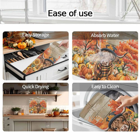 Fall Thanksgiving Dish Drying Mat Set 16 X 18 Inches with pumpkin, cow, and sunflower design on kitchen counter
