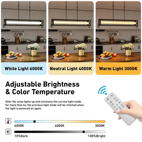 Adjustable brightness, color temperature for Industrial Farmhouse Kitchen Island Lighting 39.4 Inch Black Rectangular Pendant Fixture