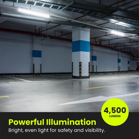 4 Foot LED Shop Light With Dual Lamps For Garages And Workshops Delivers 4500 Lumens Of Bright 4000K Cool White Bright As Day While Saving Energy At 45W And Long Lasting With Flush Mount Or Hanging Mount For Basements And Workspaces