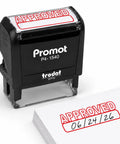 Dead Legit Self Inking Approved Rubber Stamp For Office And Business Paperwork showing black compact design with red ink on papers.