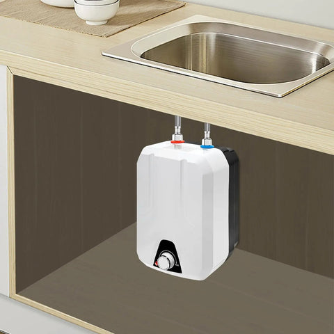 Wall Mounted Electric Mini Tank Water Heater 1.59 Gallon 1500 Watt 110 Volt under sink for instant hot water use.