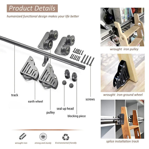 13 Foot Sliding Barn Door Hardware Kit With Rolling Ladder Track System No Ladder Round Tube Wheels And Extension Rail