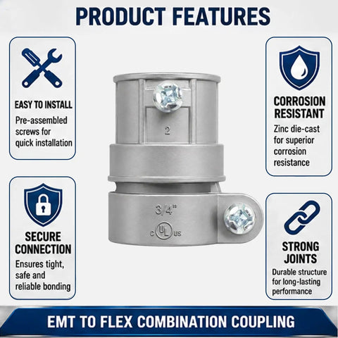 Three Quarter Inch EMT To Flex Squeeze Combination Coupling Set Five Durable Zinc Die Cast With Set Screw Locking For Vibration Resistance And Rust Proof Performance In Dry Or Damp Applications, 3/4 in coupling shown
