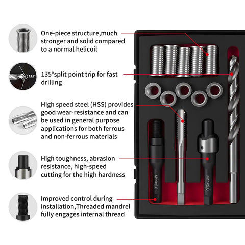 M11x2.0 Thread Repair Kit With Stainless Steel Inserts For Cars And Trucks, Includes HSS Drill, Tap, Counterbore, Install Driver
