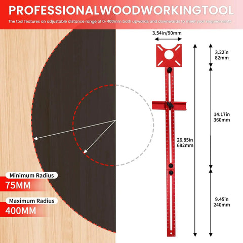 Diagram of All In One Pro Grade Router Jig For Woodworking A 4 In 1 Aluminum Circle Cutter Groove Bracket with measurements.
