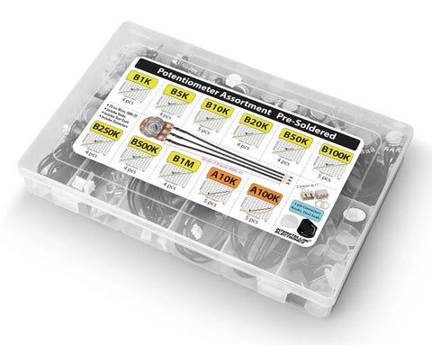 Potentiometer Assortment Pre Wired Potentiometers With Knobs Dust Seals And 3 Pin 0.1 Inch Connectors 48 Pieces Including B1K B5K B10K B20K B50K B100K B250K B500K B1M Linear Taper And A10K A100K Audio Taper in clear plastic box.