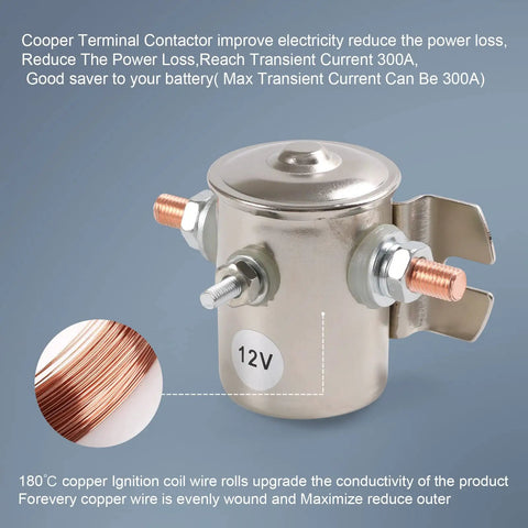 Beefy 200A 12V Three Terminal Solenoid Relay For Golf Carts And Heavy Duty Winches, Marine Ready SPST 12VDC, Zinc Plated Housing, Pro Grade Switch For Auto, ATV, Boat Projects With Smooth Power Switching; 12V relay with copper studs