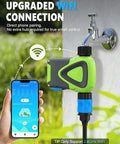 Smart Hose Timer No Hub Required With App Remote Control For Garden And Lawn Alexa And Google Voice Control Rain Delay IP55 Waterproof 2 4 GHz WiFi Connection No Hub Setup Easy Outdoor Watering, attached to a faucet with a smartphone app shown