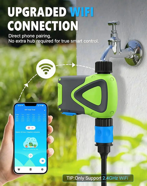 Smart Hose Timer No Hub Required With App Remote Control For Garden And Lawn Alexa And Google Voice Control Rain Delay IP55 Waterproof 2 4 GHz WiFi Connection No Hub Setup Easy Outdoor Watering, attached to a faucet with a smartphone app shown