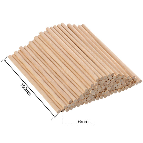 Premium Unfinished Natural Wood Dowel Rods 100 Pack Of Six By One Quarter Inch Smooth Cylinders for arts and crafts, 150mm long sticks.