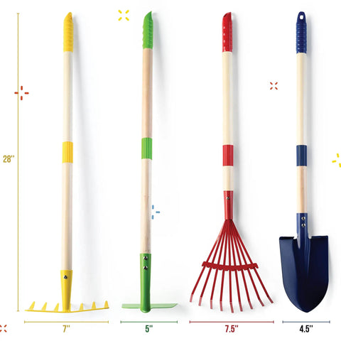 Kids Garden Tool Set 4 Piece Shovel Rake Hoe Leaf Rake Wooden Gardening Tools For Kids Durable Outdoor Toy Gift For Boys And Girls