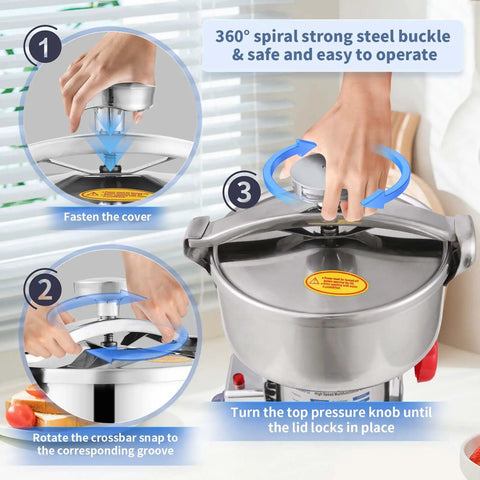 Steps to operate Electric Grain Mill 2600W High Speed Grinder for Home: lock lid and tighten knob for safe use