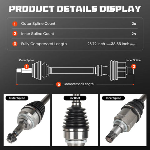 Toyota Camry 2.5L CV Axle Shaft Assembly Front Left And Front Right Fits 2012 2013 2016 2017 Replace 66 5410 66 5294 Durable Front Wheel Drive Shaft For Quick Fix And Smooth Rides, 26/24 spline length diagram and CV boot closeups