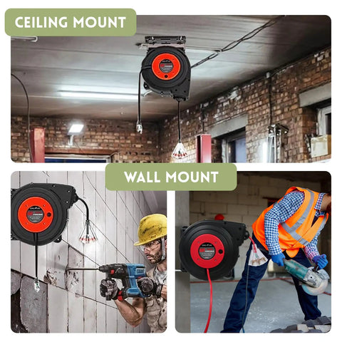 Beefy 45 Ft Retractable Extension Cord Reel With 12 AWG 3 Conductor SJTOW Heavy Duty Power Cable ceiling and wall mount