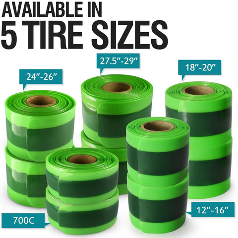 Green bike tire liners in 5 sizes, including 700C, 12-16", 18-20", 24-26", 27.5-29". Bike Tire Liner That Prevents Flats And Punctures With A Tough TPU Shield For 24 To 29 Inch Mountain And Road Tires 27.5 29 700C Keeps Your Tubes Safe Reduces Replacements And Extends Tire Life.