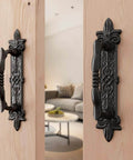 Heavy Duty 9 Inch Antique Barn Door Handle Set Of 2, Big Rustic Carved Door Pull for gates, garages, sheds, black powder coated