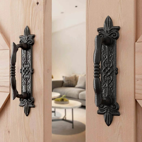 Heavy Duty 9 Inch Antique Barn Door Handle Set Of 2, Big Rustic Carved Door Pull for gates, garages, sheds, black powder coated