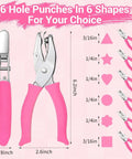 Front view of Six Piece Craft Hole Punch Set for Scrapbooking and Binders, featuring 1/4 and 3/16 inch pink punches in six shapes.