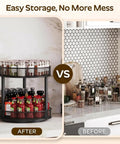 After and before comparison of Two Pack Two Tier Lazy Susan Organizer Smooth Rotating Metal Turntable in kitchen storage.