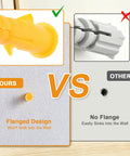 Comparison of flanged plastic drywall anchor design with yellow anchor versus standard anchor, highlighting secure mounting.