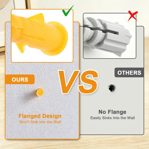 Comparison of flanged plastic drywall anchor design with yellow anchor versus standard anchor, highlighting secure mounting.