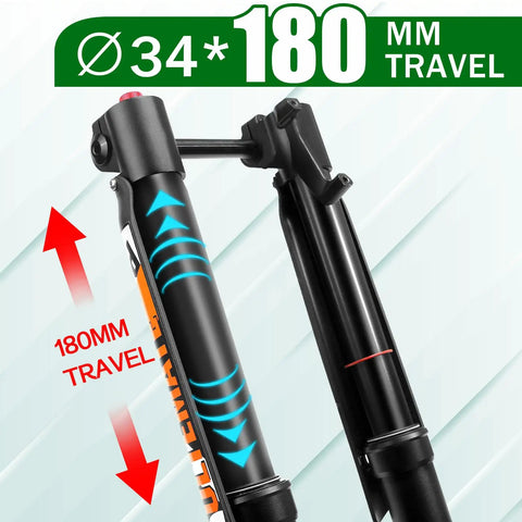 Close-up of Fat Tire 5.0 20 Inch Air Electric Mountain Bike Front Fork with 180mm travel showing adjustable suspension details.